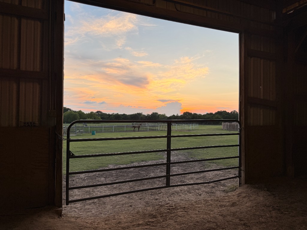 Sunset view through the barn doorway